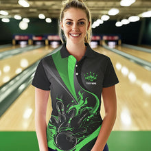 Load image into Gallery viewer, Custom Black And Green Flame Bowling Polo Shirts For Women, Fire Bowling Team Shirt IPHW8540