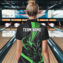 Load image into Gallery viewer, Custom Black And Green Flame Bowling Polo Shirts For Women, Fire Bowling Team Shirt IPHW8540