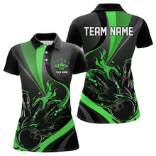 Load image into Gallery viewer, Custom Black And Green Flame Bowling Polo Shirts For Women, Fire Bowling Team Shirt IPHW8540
