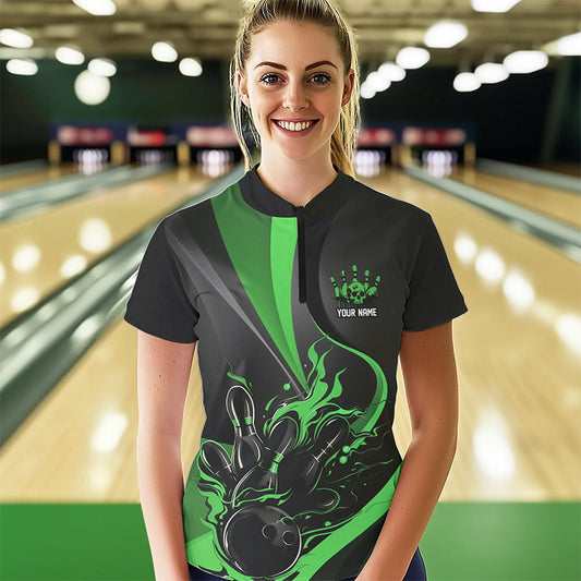 Custom Black And Green Flame Bowling Quarter-Zip Shirts For Women, Fire Bowling Team Shirt IPHW8540