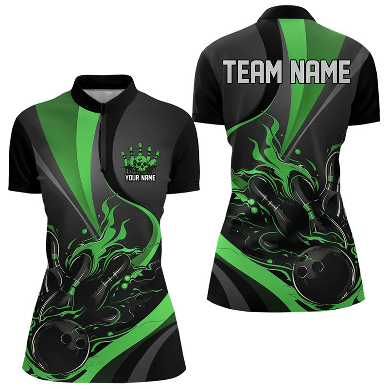 Custom Black And Green Flame Bowling Quarter-Zip Shirts For Women, Fire Bowling Team Shirt IPHW8540