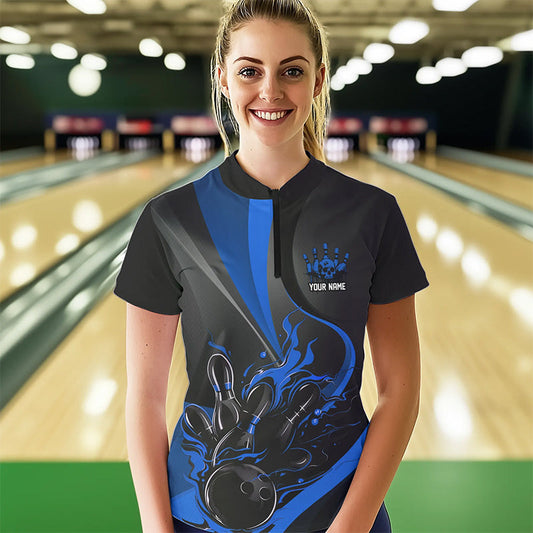 Custom Black And Blue Flame Bowling Quarter-Zip Shirts For Women, Fire Bowling Team Shirt IPHW8542
