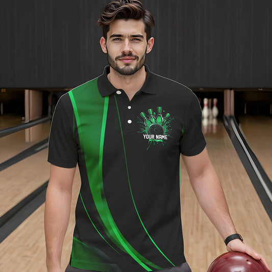Custom Black And Green Bowling Polo Shirts For Men, Bowling Tournament Team Shirts IPHW8543