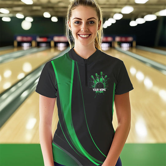 Custom Black And Green Bowling Quarter-Zip Shirts For Women, Bowling Tournament Team Shirts IPHW8543