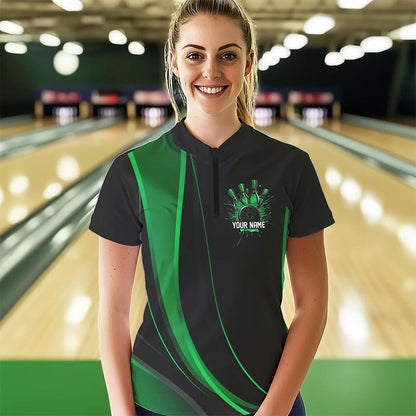 Custom Black And Green Bowling Quarter-Zip Shirts For Women, Bowling Tournament Team Shirts IPHW8543
