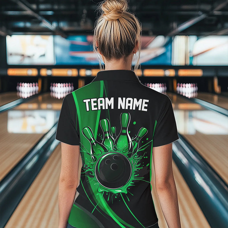 Custom Black And Green Bowling Quarter-Zip Shirts For Women, Bowling Tournament Team Shirts IPHW8543