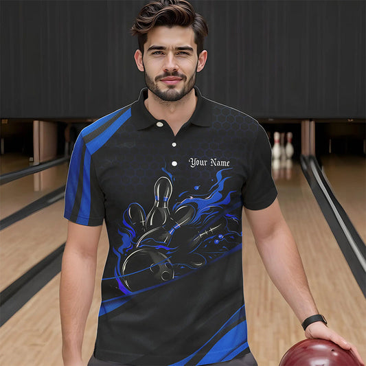 Custom Black And Blue Flame Bowling Polo Shirts For Men, Bowling Tournament Team Shirts IPHW8544