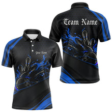 Load image into Gallery viewer, Custom Black And Blue Flame Bowling Polo Shirts For Men, Bowling Tournament Team Shirts IPHW8544
