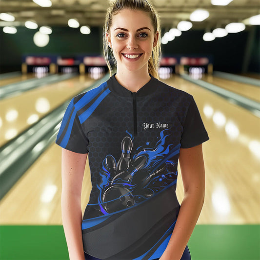 Custom Black And Blue Flame Bowling Womens Quarter-Zip Shirt, Bowling Tournament Team Shirt IPHW8544