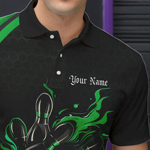 Load image into Gallery viewer, Custom Black And Green Flame Bowling Polo Shirts For Men, Bowling Tournament Team Shirts IPHW8545
