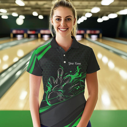 Custom Black And Green Flame Bowling Polo Shirts For Women, Bowling Tournament Team Shirts IPHW8545