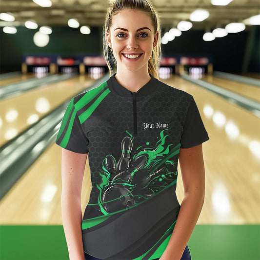 Custom Black And Green Flame Bowling Womens Quarter-Zip Shirt, Bowling Tournament Shirt IPHW8545