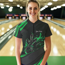 Load image into Gallery viewer, Custom Black And Green Flame Bowling Womens Quarter-Zip Shirt, Bowling Tournament Shirt IPHW8545