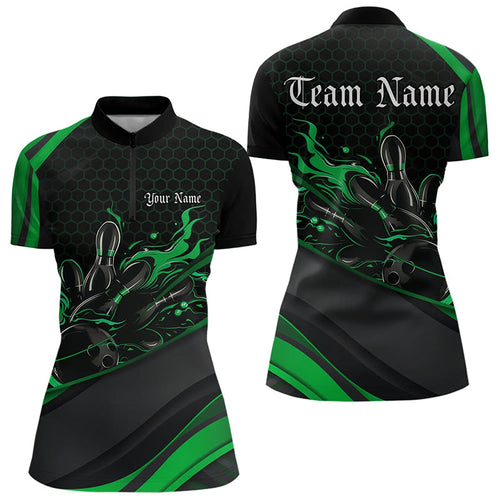 Custom Black And Green Flame Bowling Womens Quarter-Zip Shirt, Bowling Tournament Shirt IPHW8545