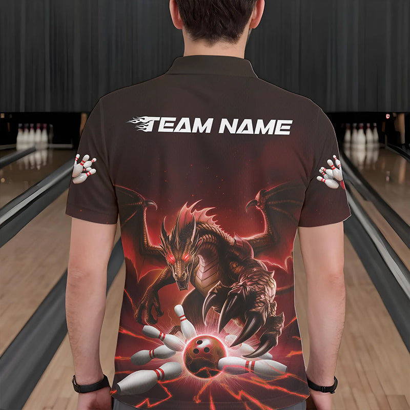 Custom Black And Red Dragon Bowling Team Polo Shirts For Men, Dragon Bowling League Shirt IPHW8549