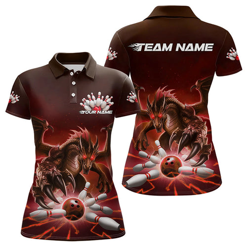 Custom Black And Red Dragon Bowling Team Polo Shirts For Women, Dragon Bowling League Shirt IPHW8549
