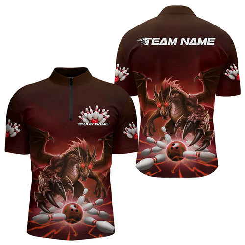 Custom Black And Red Dragon Bowling Team Quarter-Zip Shirts For Men, Dragon Bowling League Shirt IPHW8549