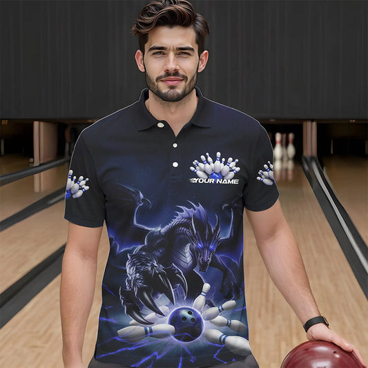 Custom Black And Blue Dragon Bowling Team Polo Shirts For Men, Dragon Bowling League Shirt IPHW8550