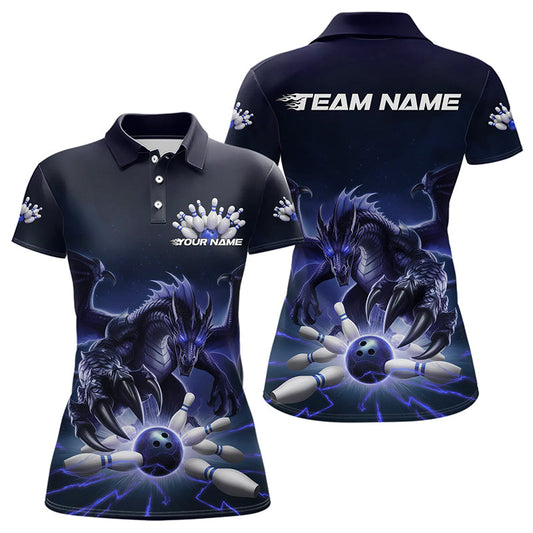 Custom Black And Blue Dragon Bowling Team Polo Shirt For Women, Dragon Bowling League Shirt IPHW8550