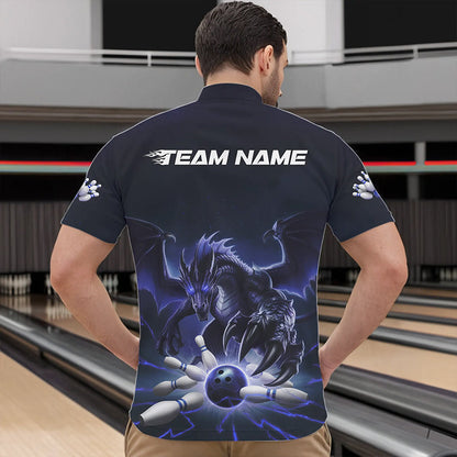 Custom Black And Blue Dragon Bowling Team Quarter-Zip Shirts For Men, Dragon Bowling League Shirt IPHW8550