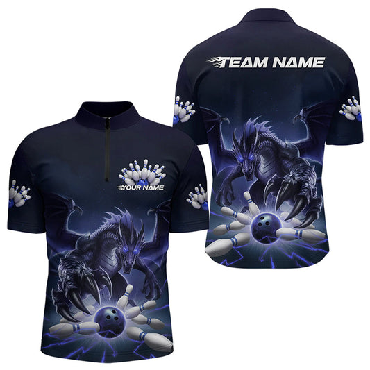Custom Black And Blue Dragon Bowling Team Quarter-Zip Shirts For Men, Dragon Bowling League Shirt IPHW8550