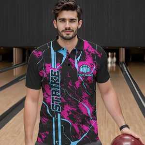 Custom Pink And Blue Strike Bowling Polo Shirts For Men, Bowling League Team Uniform IPHW8859