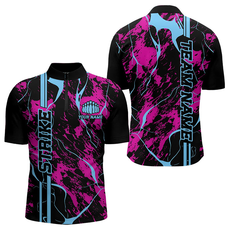 Custom Pink And Blue Strike Bowling Quarter-Zip Shirts For Men, Bowling League Team Uniform IPHW8859