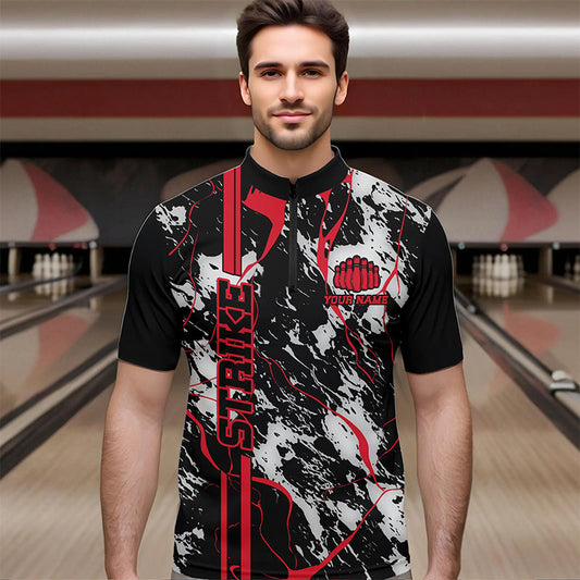 Custom Gray And Red Strike Bowling Quarter-Zip Shirts For Men, Bowling League Team Uniform IPHW8861