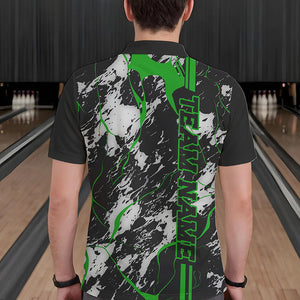 Custom Gray And Green Strike Bowling Polo Shirts For Men, Bowling League Team Uniform IPHW8862