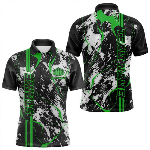 Custom Gray And Green Strike Bowling Polo Shirts For Men, Bowling League Team Uniform IPHW8862