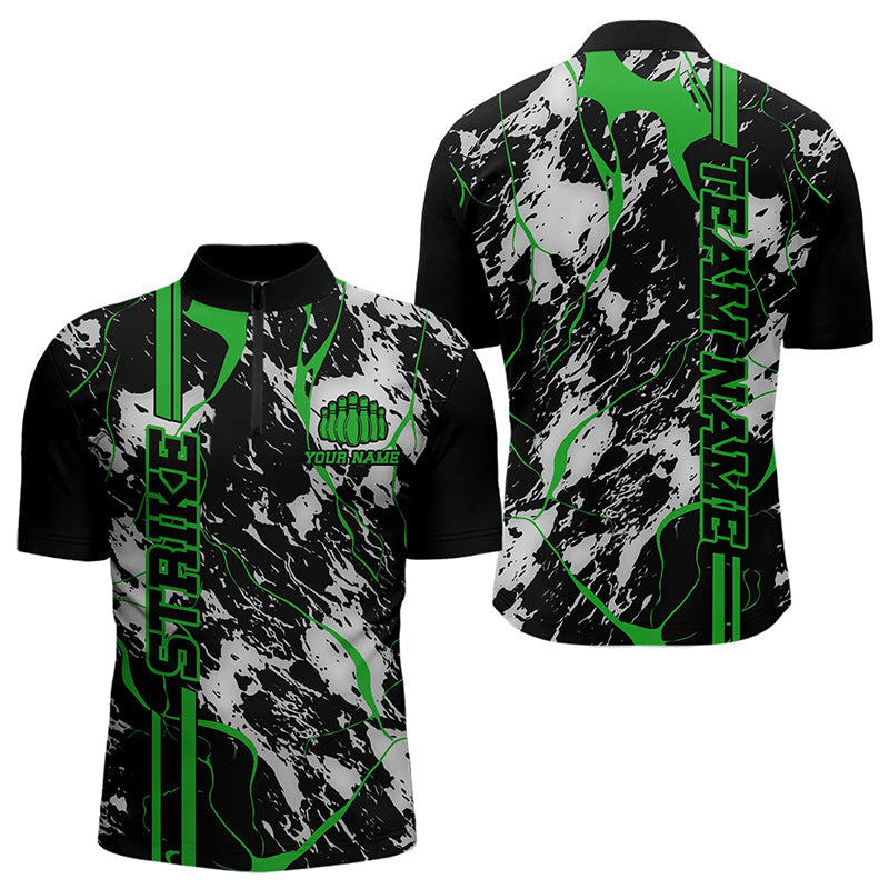 Custom Gray And Green Strike Bowling Quarter-Zip Shirts For Men, Bowling League Team Uniform IPHW8862