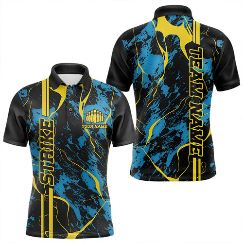 Custom Blue And Yellow Strike Bowling Polo Shirts For Men, Bowling League Team Uniform IPHW8863