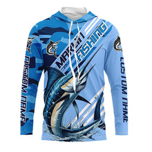 Load image into Gallery viewer, Custom Marlin Fishing Long Sleeve Shirts, Marlin Saltwater Fishing Jerseys | Blue Camo IPHW6373
