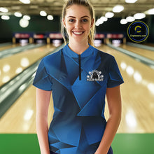 Load image into Gallery viewer, Woman wearing a blue bowling shirt with a personalized design in a bowling alley.