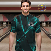 Load image into Gallery viewer, Man wearing a green bowling shirt with a logo and text in a bowling alley.