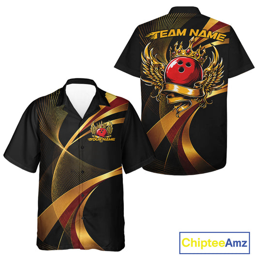 Black bowling shirt with red bowling ball design on a white background, featuring 'Chiptee Amz' branding.