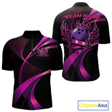 Load image into Gallery viewer, Black and purple bowling shirt with 'Team Name' text on a white background