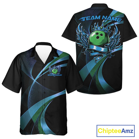 Black bowling shirt with green and blue design, featuring a bowling ball and wings, on a white background. Brand 'Chiptee Amz' visible.