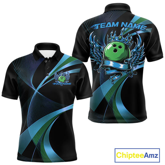 Black bowling shirt with green bowling ball design on a white background, featuring 'Chiptee Amz' branding.