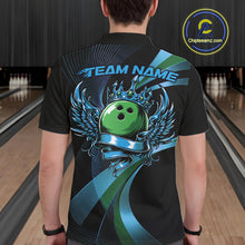 Load image into Gallery viewer, Person wearing a black bowling shirt with a green bowling ball design in a bowling alley.
