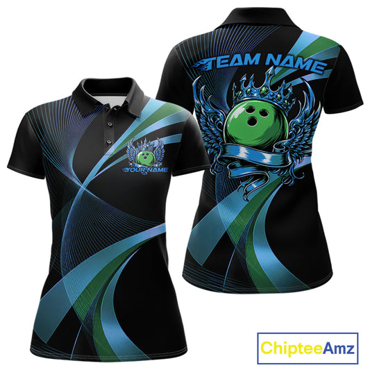 Black polo shirt with blue and green designs, featuring a bowling ball and wings, on a white background. 'Chiptee Amz' logo visible.