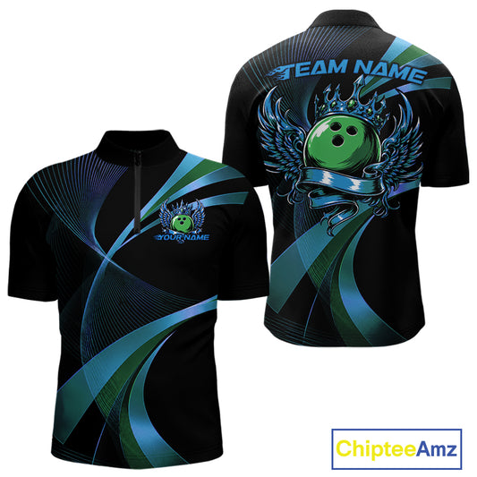 Black bowling shirt with blue and green designs on a white background, featuring 'Chiptee Amz' branding.