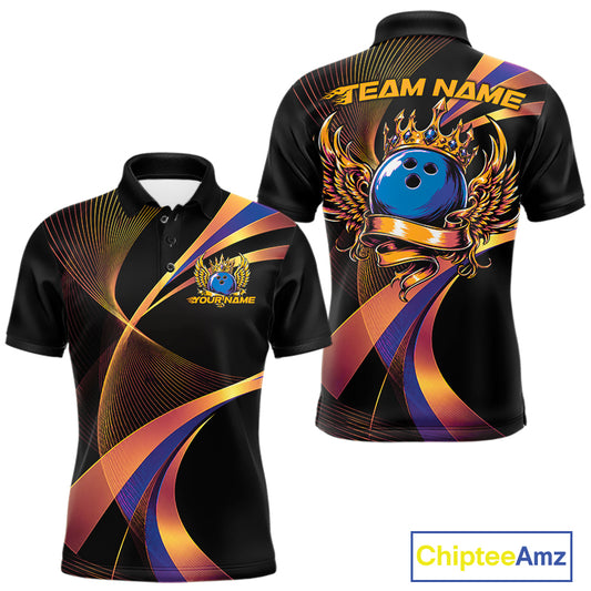 Black bowling shirt with colorful design and 'Team Name' text on a white background