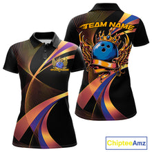 Load image into Gallery viewer, Blue And Gold Bowling Ball With Wings And Crown Custom Women Polo Shirts Bowling Jerseys IPHW11459