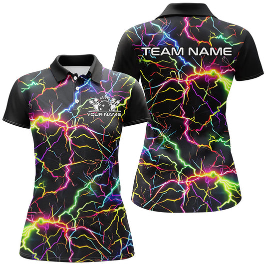 Colorful Lightning Custom Bowling Polo Shirts For Women, Rainbow Colors Outfit Bowling IPHW6792