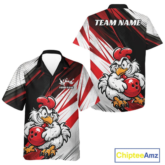 Custom bowling-themed short-sleeve button-up shirt shown from both front and back views. The design features a cartoon rooster holding a red bowling ball, with red and black graphic stripes, white mesh patterned sleeves, and customizable text areas reading 'TEAM NAME' on the back and 'YOUR NAME' with a crown logo on the front.