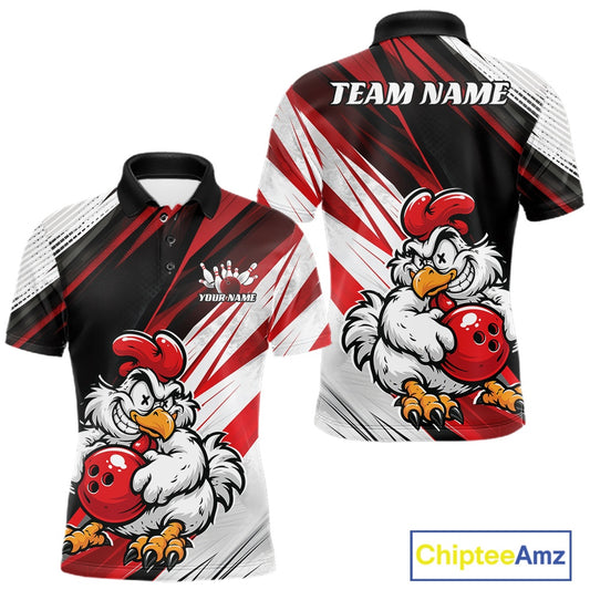 Front and back views of a custom short-sleeve polo shirt featuring a cartoon rooster holding a red bowling ball on a red, white, and black background with dynamic diagonal stripes. The front shows a white crown logo with placeholder text 'YOUR NAME', and the back shows 'TEAM NAME' in white.