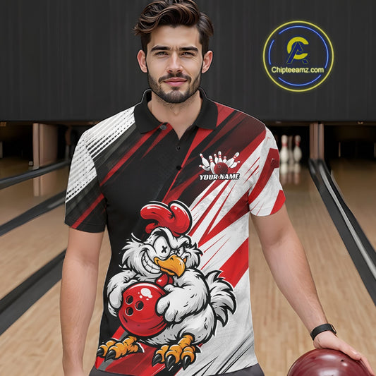 A man wearing a bowling-themed short-sleeve polo shirt with a cartoon rooster holding a red bowling ball, standing in a bowling alley. The shirt features a black, red, and white graphic design with a customizable logo area on the chest.