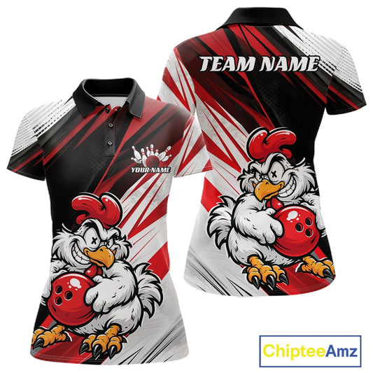 Front and back views of a short-sleeve polo shirt featuring a bold black, red, and white racing-style graphic with a cartoon chicken holding a red bowling ball. The shirt includes customizable text placeholders reading 'TEAM NAME' and 'YOUR NAME'.