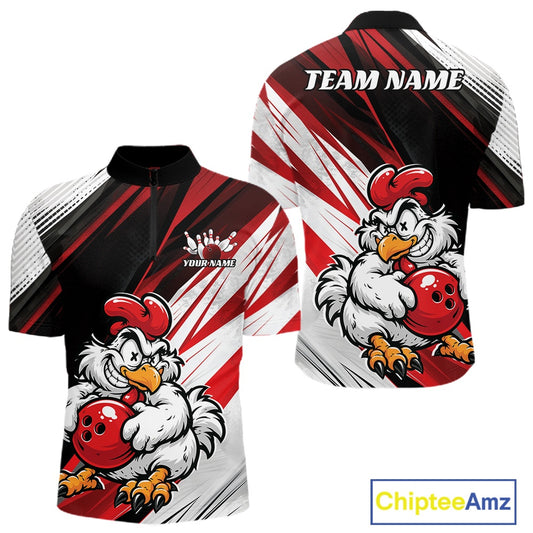 Front and back views of a short-sleeve bowling jersey with a cartoon rooster holding a red bowling ball, on a white background. The jersey has a black, red, and white graphic design with customizable text areas on the chest and back.
